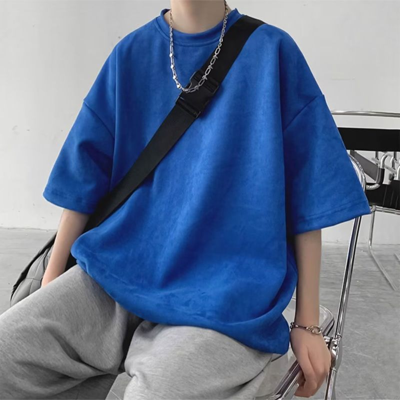 Tricou scurt pentru bărbați de vară, nou, la modă, hip-hop, din piele întoarsă, culoare solidă, cu mânecă jumătate, top de bază_voghion.com