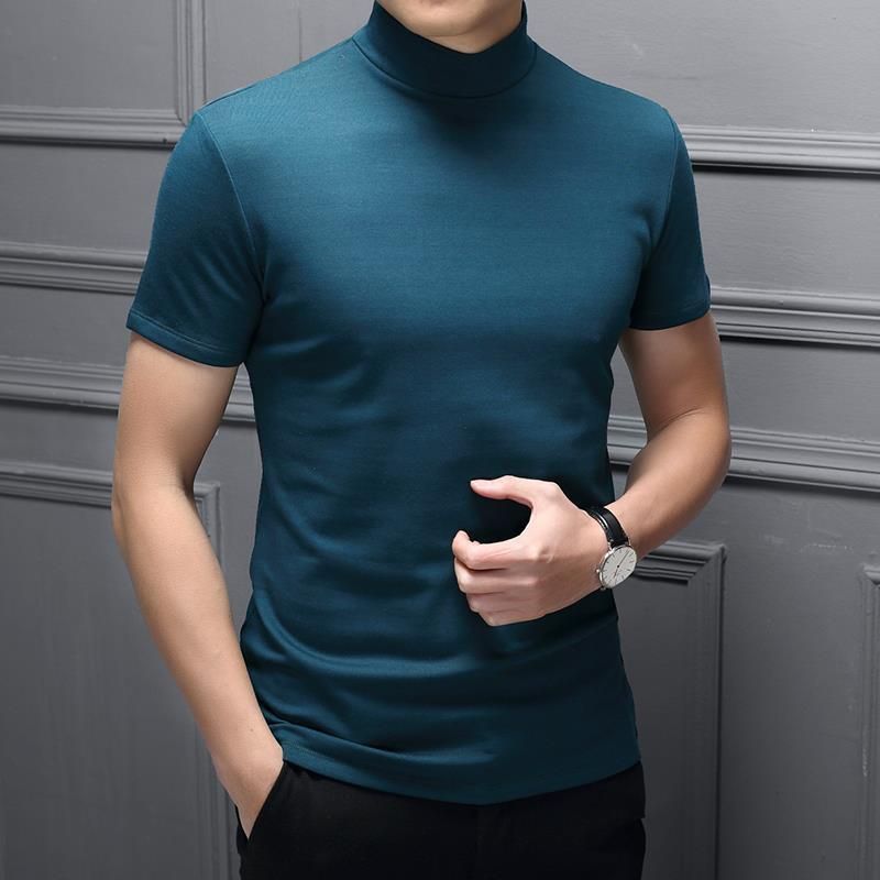 T-shirt d'été à manches courtes et col montant pour homme, coupe ajustée, couleur unie, tendance_voghion.com