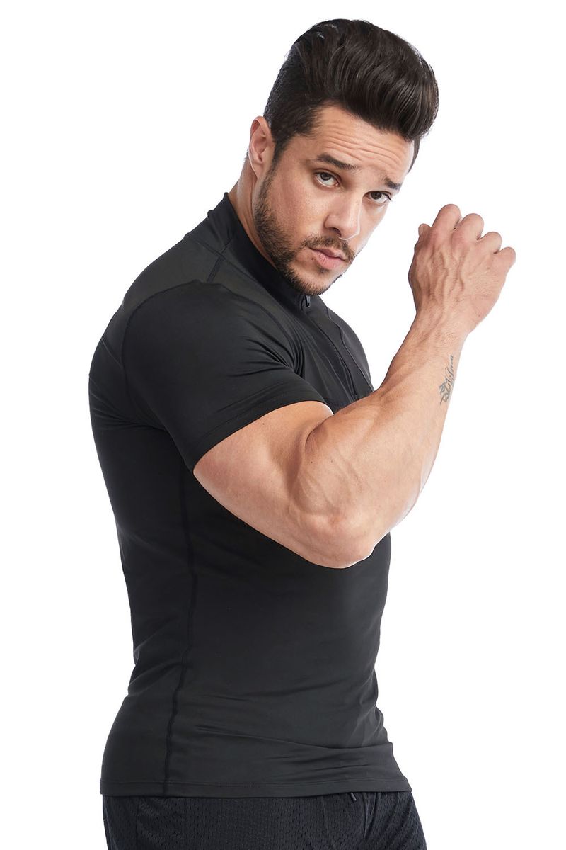 Vêtements de fitness Sigutu pour hommes, vêtements d'été à fermeture éclair, col montant, vêtements moulants PRO, course à pied, séchage rapide, manches courtes, sport_voghion.com