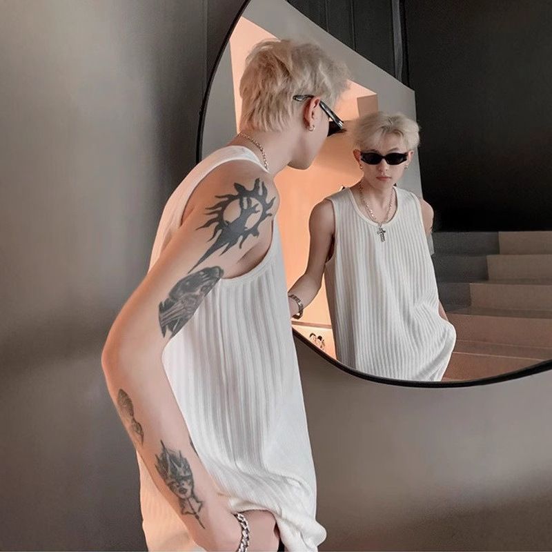 Sommer-strukturierte gerippte Weste aus Eisseide für Herren, lockere Passform, ärmelloses T-Shirt für Sport und Fitness, Innenschicht, Basishemd_voghion.com