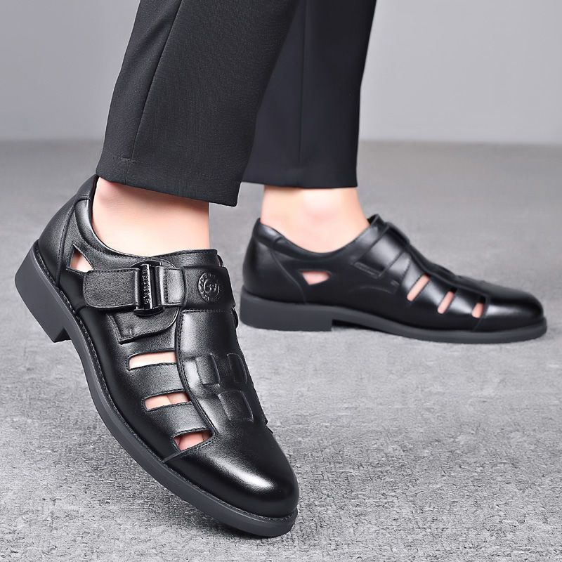 Sandalen Herren Sommer Atmungsaktiv Loch Leder Weiche Sohle Sandalen Business Casual Hohl Baotou Vater Schuhe_voghion.com
