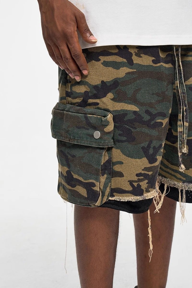 Men's Clothing High Street Washed Raw Edge Distressed Double Layer Retro Workwear Pocket Trendy Camouflage Shorts Summer Shorts Men's Trend_voghion.com
