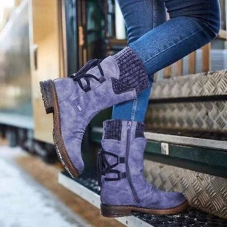 medium and low-cut  large size Martin boots for women in  new style square heel back strap  woolen women's boots_voghion.com