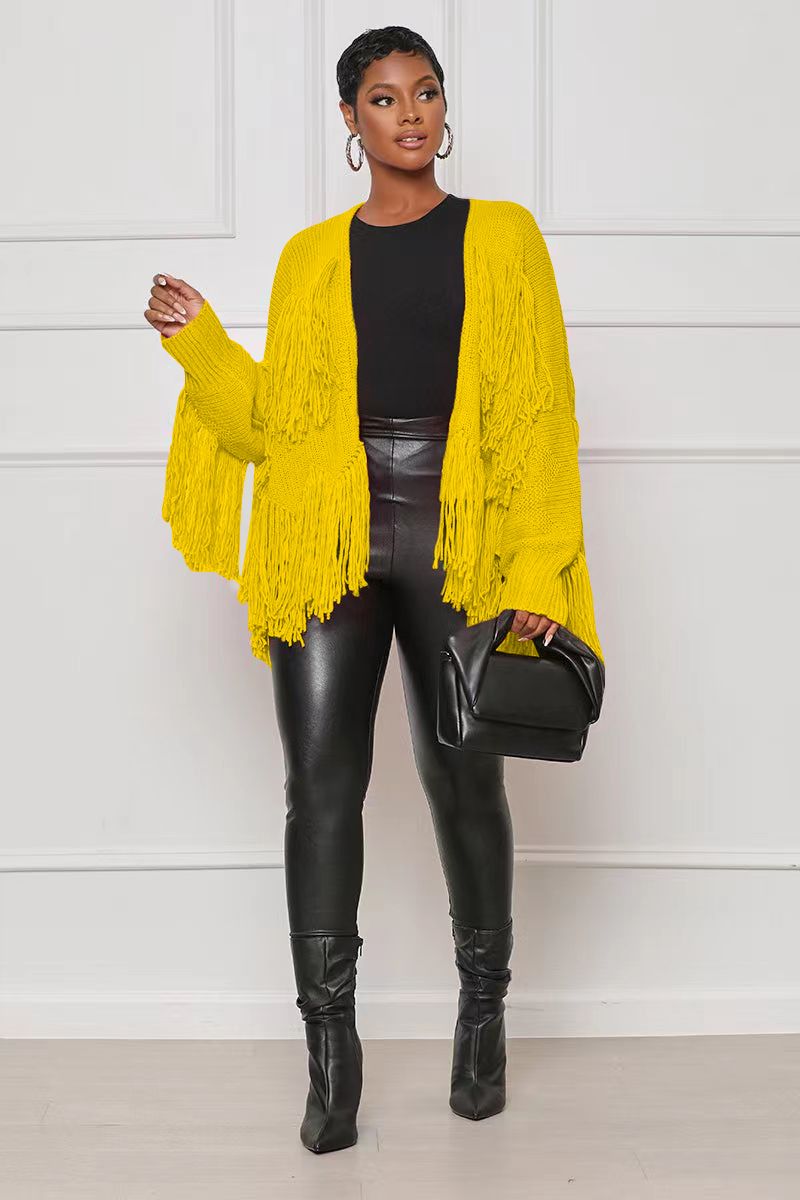 TS1240 new women's solid color knitted tassel short cardigan jacket_voghion.com