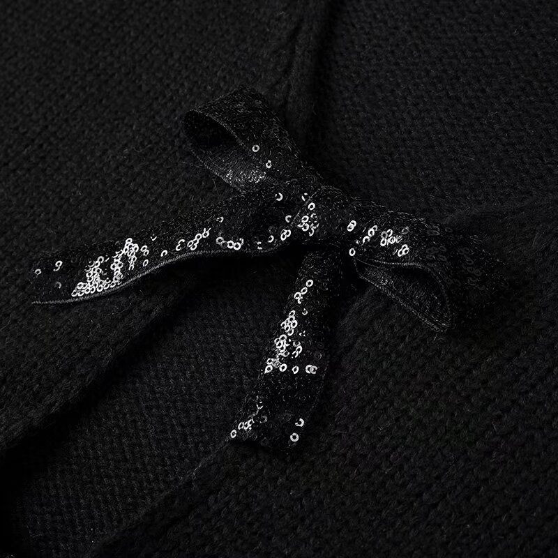 Cardigan en tricot ample à paillettes, deux couleurs, avec nœud de personnalité décoré, à la mode pour femmes_voghion.com