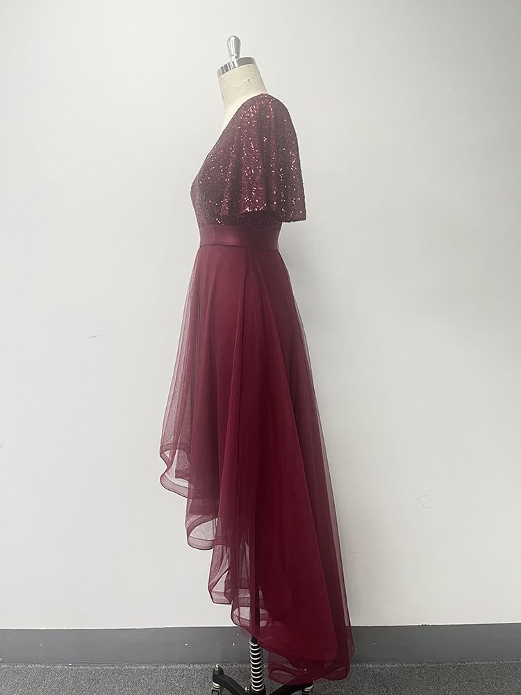 Robe de soirée élégante à volants et manches courtes pour femme avec taille élastique et jupe longue irrégulière en tulle moelleux_voghion.com