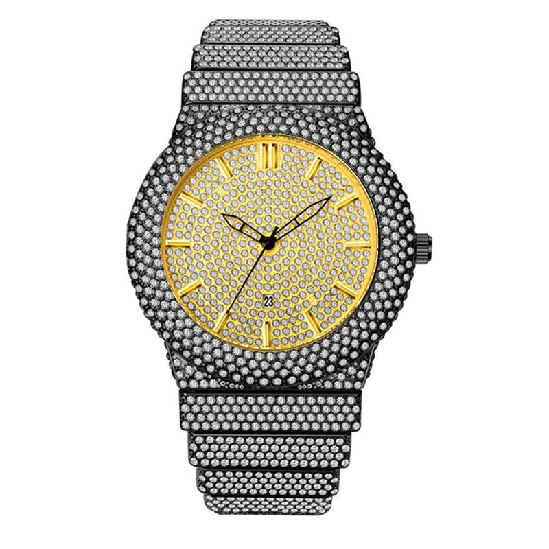 Luxuriöse Hip-Hop-Herrenuhr mit Diamantakzenten und Gold-Finish – Datumsanzeige, Quarzwerk, modisches Statement, Hip-Hop-Diamant, Luxus, goldenes Datum_voghion.com
