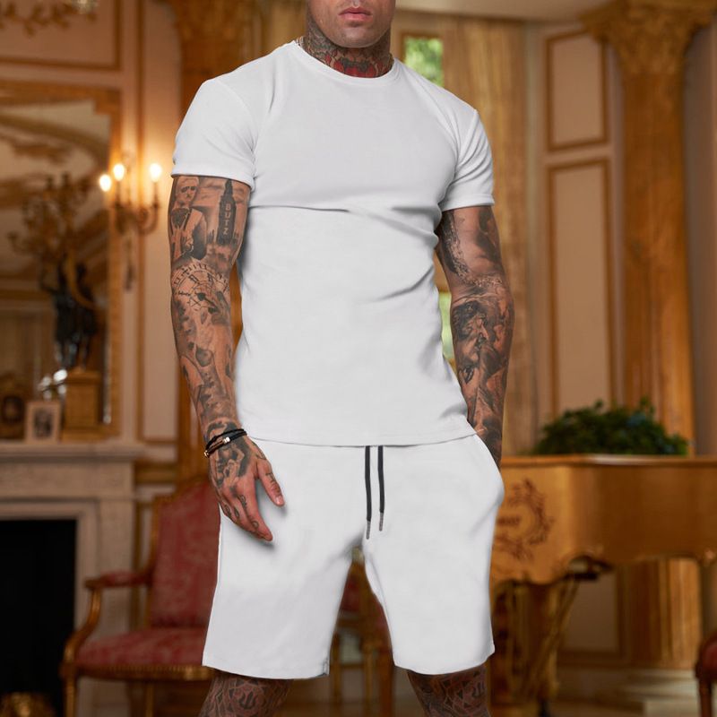 CT Hot Selling Solid Color T-Shirt + Five-Point Men's Summer Short Sleeve Shorts Set Breathable Style_voghion.com