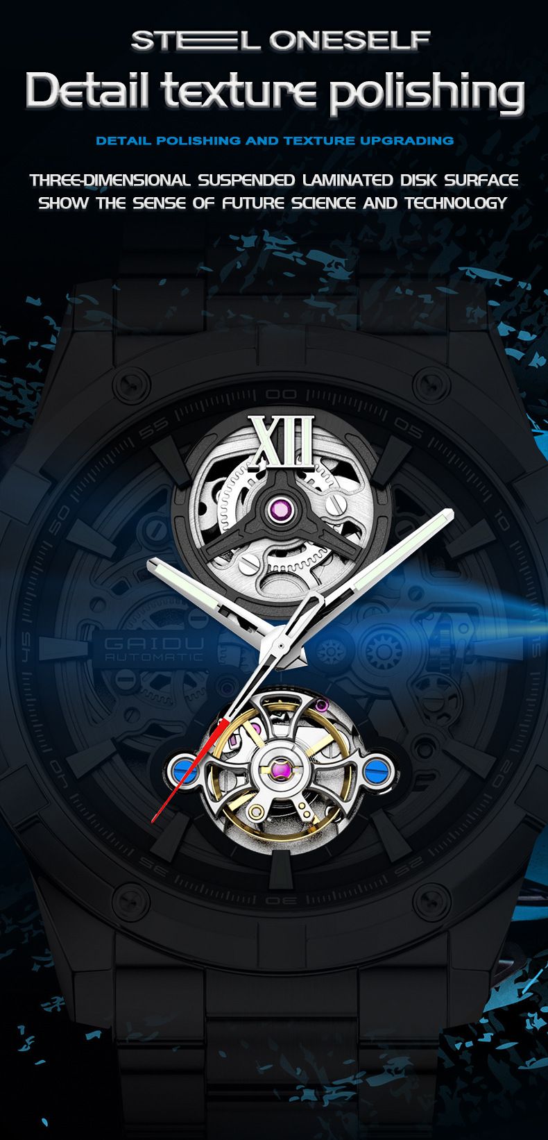 Orologio meccanico scheletrato automatico da uomo con lancette luminose, cinturino in acciaio inossidabile, quadrante rotondo da 42 mm, resistente all'acqua fino a 30 m, completamente automatico_voghion.com