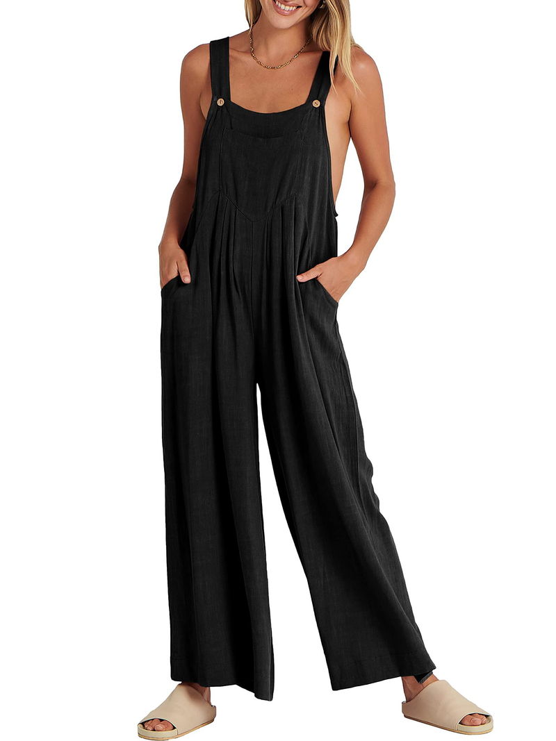 Women's clothing solid color loose casual cotton and linen overalls jumpsuit_voghion.com