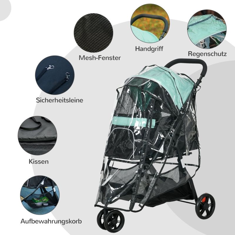 Haustierbuggy, Klappbar, Mit Regenschutz, 2 Getränkehalter, Blau+Grün_voghion.com