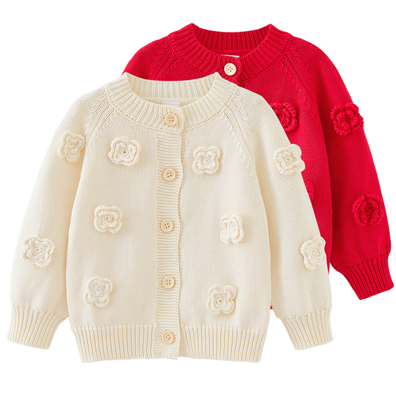 Frühling und Herbst Rundhals handgemachte Blume gestrickte Strickjacke langärmeligen Mantel für Baby Mädchen Pullover_voghion.com