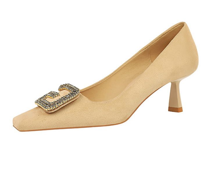 6183-K21 Stile Banchetto Tacco Alto Scamosciato Testa Quadrata Piccola Metallo Acqua Diamante Fibbia a Forma di G Primavera E Autunno Donna_voghion.com