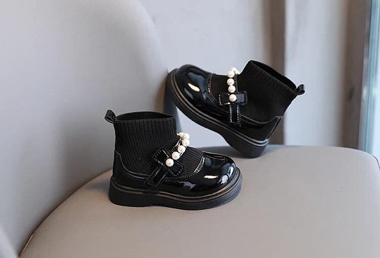 Girls Princess Autumn Winter Children Thin Cashmere Lined Sock Toddler Fashion Beading Leather Boots Non-slip Shoes_voghion.com
