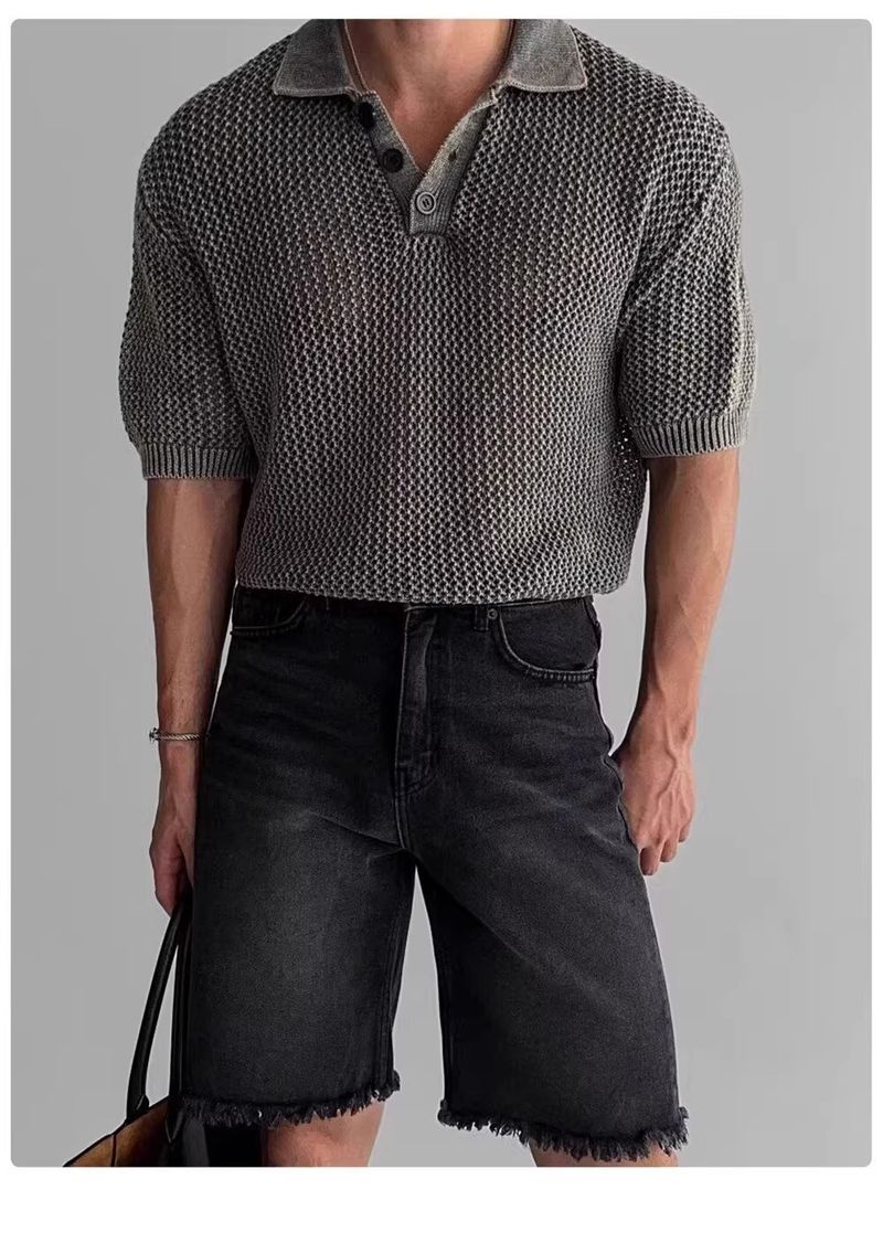 Maglione lavorato a maglia a maniche corte con risvolto, da uomo, in seta ghiacciata, a nido d'ape, con linea spessa, estivo_voghion.com