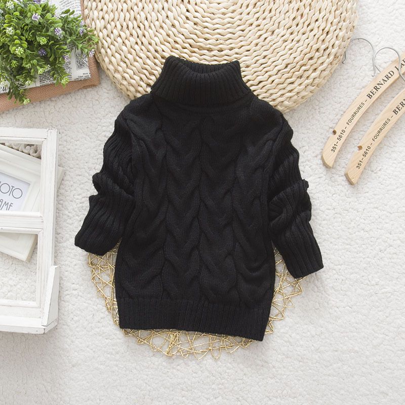 Pull d'automne à col roulé de couleur unie, haut tricoté torsadé pour garçons et filles, noir et blanc_voghion.com