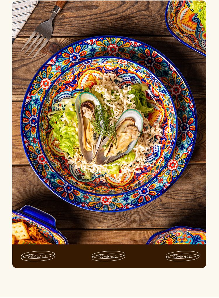Bohemian Ceramic Dinnerware Set - Underglaze Hand-Painted Bowls & Plates With Handles Vintage Style For Home & Restaurant_voghion.com