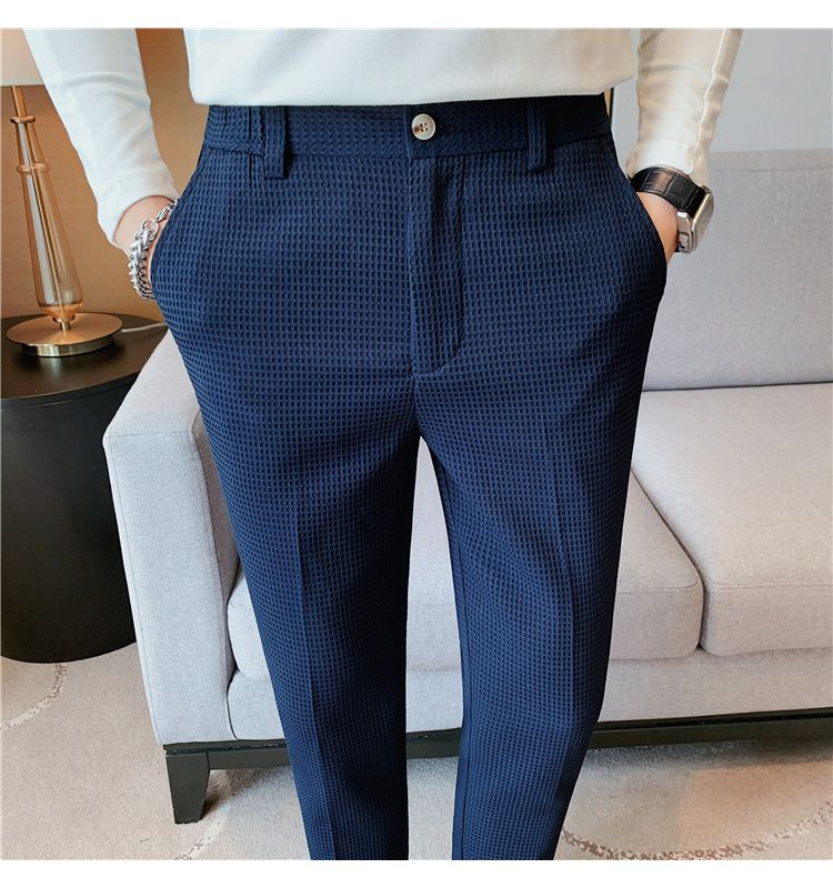 Men's Clothing Style Light Mature Men's Casual Waffle Trousers Waist Elastic Trousers Youth Skinny Trousers_voghion.com