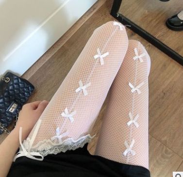 Black Silk Bow Black And White Hollow Fishnet Stockings Japanese Pure Desire Couple Beautiful Legs Sexy Pantyhose Thin Lace_voghion.com