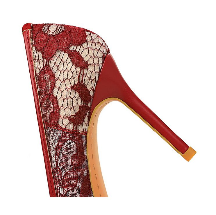 Banquet women's shoes slim high heels shallow mouth pointed stilettos high heels mesh hollow lace high heels single shoes_voghion.com
