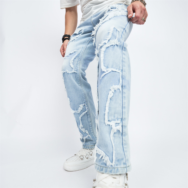 Men's  and womenCross-border washed jeans for  in spring and autumn American retro raw edge design loose straight wide-leg floor mopping pants_voghion.com