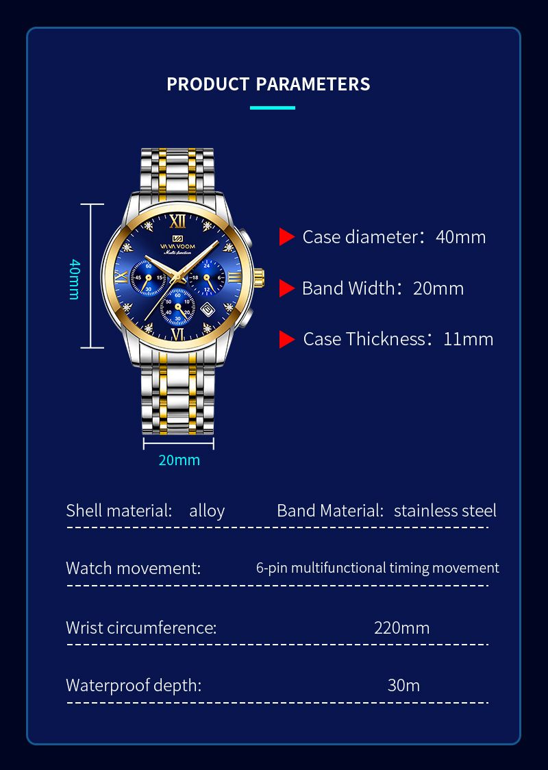VA VOOM Brand New 2712 Steel Strip Blue Face Fashionable Business Waterproof Watch_voghion.com