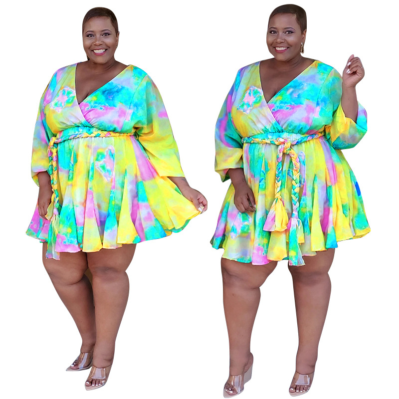 20858 Painettu V-kaula Sexy Woven Swing mekko vyöllä Naisten Plus-koon mekoihin
_voghion.com
