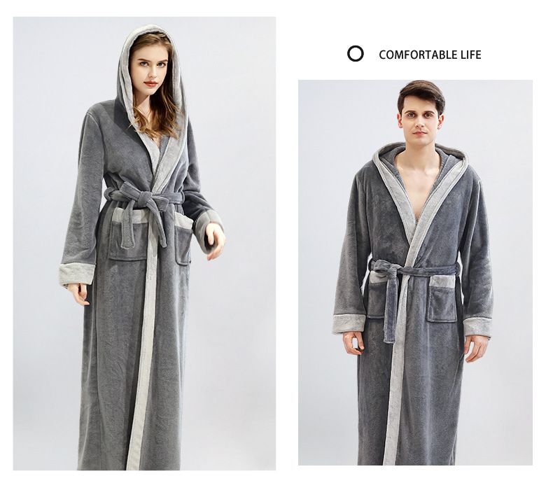 Roupão de flanela aconchegante com capuz para homens e mulheres - robe de pelúcia de inverno, quimono de lã extra longo e grosso, roupa de dormir combinando para casais_voghion.com