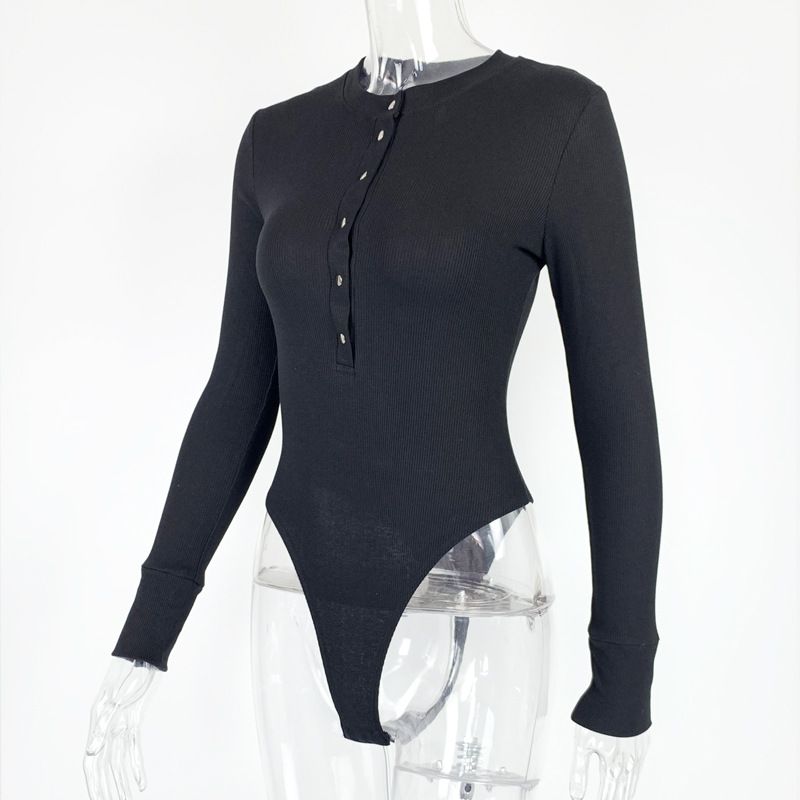 Women's Slim Fit Button-Up Ribbed Long Sleeve Jumpsuit – Fashionable One-Piece Outfit For Casual & Party Wear (Black, White, Beige)_voghion.com