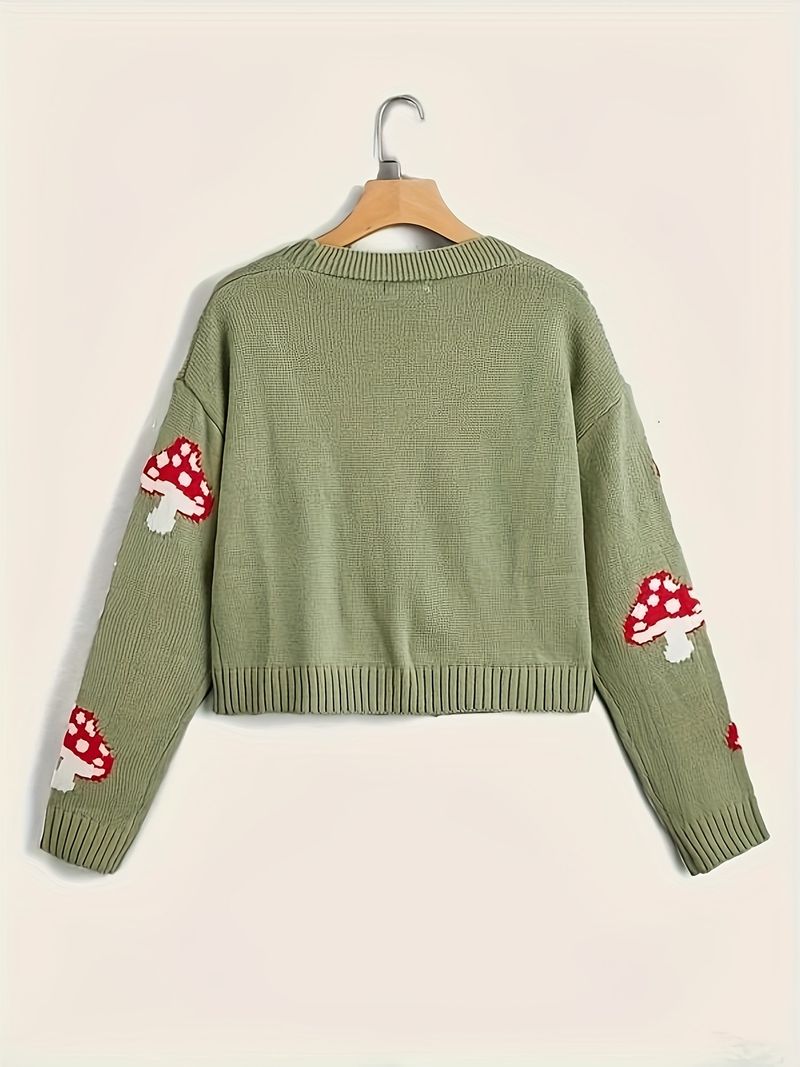 Mushroom Print Button Cardigan – Cute & Cozy Oversized Knit Sweater (XS-XXL, Green/Black)_voghion.com