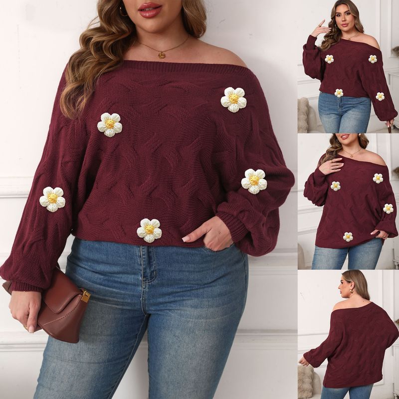 Maglione con maniche a pipistrello e spalle scoperte per donna, taglie forti, design asimmetrico con dettagli floreali fatti a mano, morbido misto acrilico_voghion.com