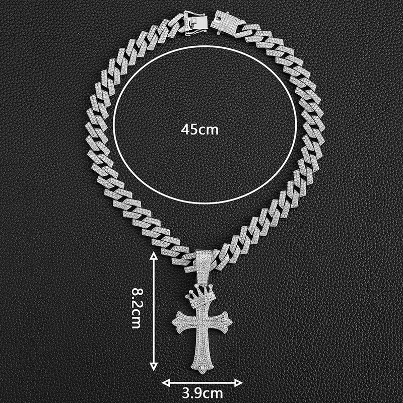 Halskette mit Kronen-Kreuz-Anhänger aus Diamanten, Diamant-Halskette aus Legierung für Männer und Frauen, kubanische Kette in Diamantform_voghion.com
