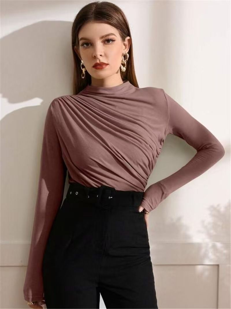 2025 Autumn And Winter New Design, Pleated Versatile Long Sleeved T-shirt, Women's Solid Color Top_voghion.com