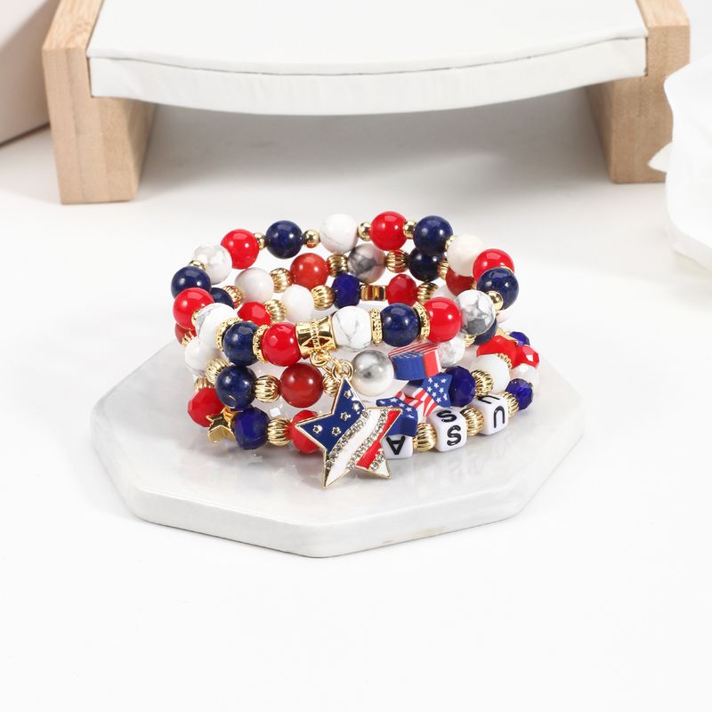 Handgefertigtes patriotisches Perlenarmband mit Natursteinen – USA-Flagge und Stern-Design – Unisex-Schmuck für Männer und Frauen, Größenverstellbar, Fünfzackiger Stern_voghion.com