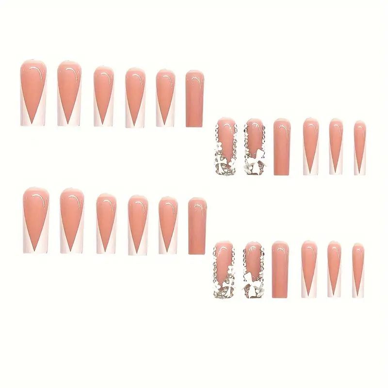 Unghie indossabili, nail art con diamanti e fiori freschi e dolci, unghie finte lunghe quadrate europee, prodotto finito_voghion.com