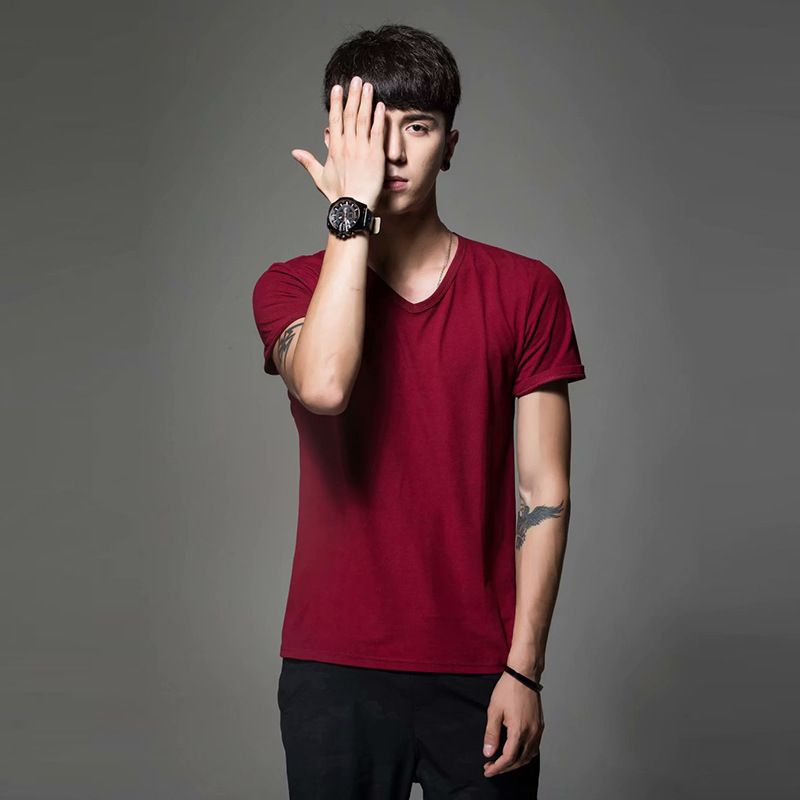 Maglietta a maniche corte a colori, estiva, casual, girocollo, corta, alla moda, con scollo a V, vestibilità aderente, per abbigliamento maschile_voghion.com