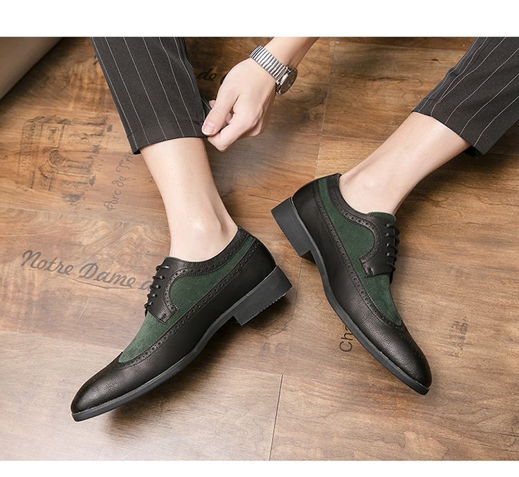 Spring New Color-Block Pointed Leather Large Size Formal Casual Low-Cut Lace-Up Men's Shoes_voghion.com