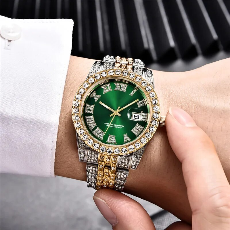 Brățară bărbătească hip-hop din aliaj de diamant, cu dată aurie, ceas cu cuarț de lux, aprovizionare SSS, marcă importantă_voghion.com