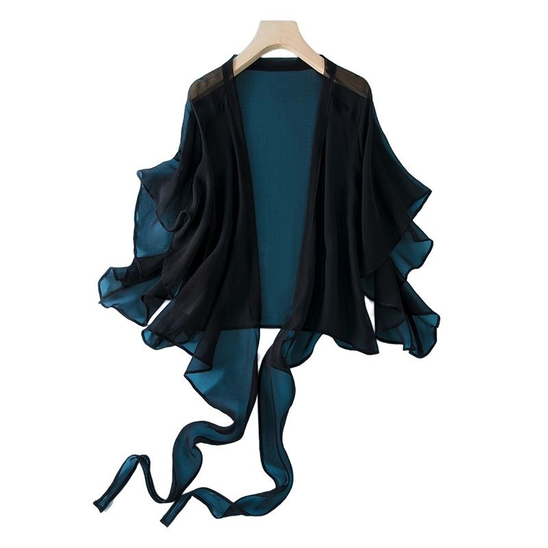 Koreanischer Stil: Neuer kurzer Mantel/Schal, Damen-Top/Cardigan, klein, zum Binden, Sommer, ärmellos, locker, aus echter Maulbeerseide_voghion.com