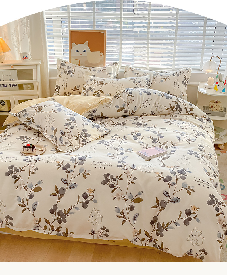 Quattro pezzi di biancheria da letto stampati in cashmere vegetale in stile pastorale estivo, lenzuola fresche per dormitori studenteschi, set da tre pezzi_voghion.com