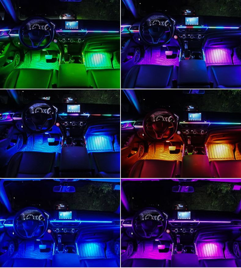 Luz ambiental LED universal para interior de coche, sinfonía a todo color, RGB, 64 colores, tira acrílica oculta, decoración_voghion.com
