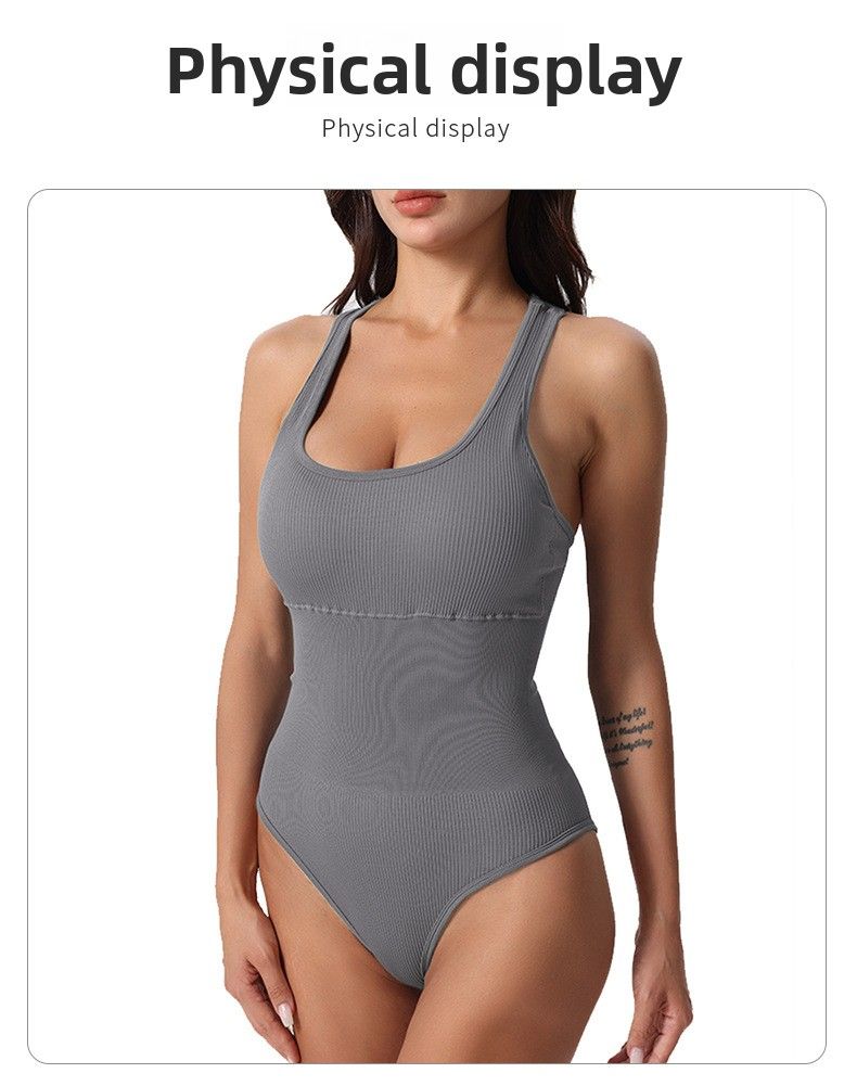 Seamless Knitted One-piece Women Sexy Ribbed Bodysuit Sleeveless Square Neck Tank Top With Chest Pad Yoga Fitness Wear_voghion.com