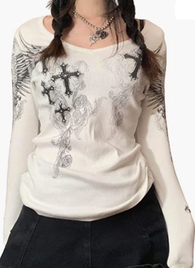 Herbst und Winter Mode Damen T-Shirt Neu Bedrucktes Rundhals Bottoming Shirt Langarm_voghion.com