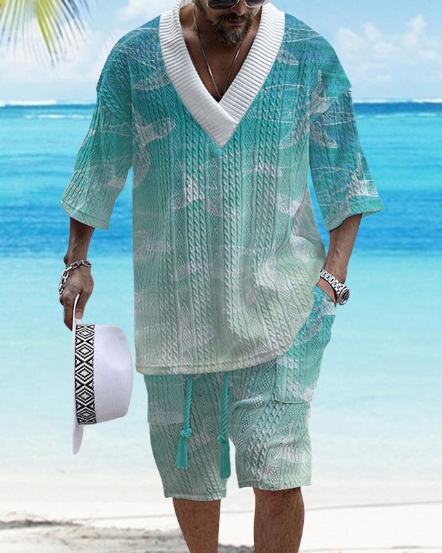 Completo da uomo con pantaloncini a maniche corte in maglia, di grandi dimensioni, con stampa a quadri e spalle cadenti_voghion.com
