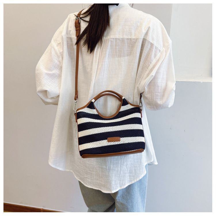 Borsa a secchiello con motivo a righe per donna, borsa da spiaggia casual in stile vacanza di grande capacità, tracolla singola_voghion.com