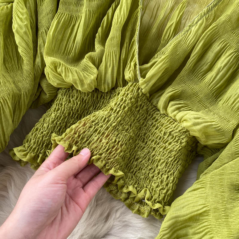 Women's niche, pleated puff sleeves, slim, short, fashionable, blogger, versatile chiffon shirt_voghion.com