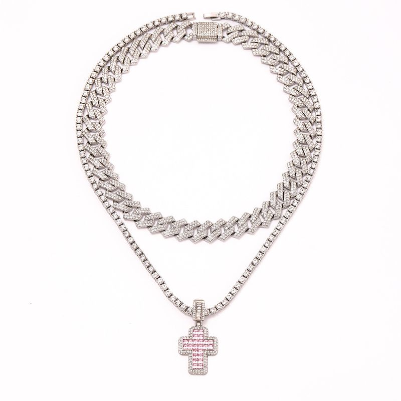 Pandantiv cruce roz cu personalitate în stil nou, cu lanț cubanez cu diamant, set de lanțuri de tenis, accesorii hip-hop în stil stradal din aliaj_voghion.com