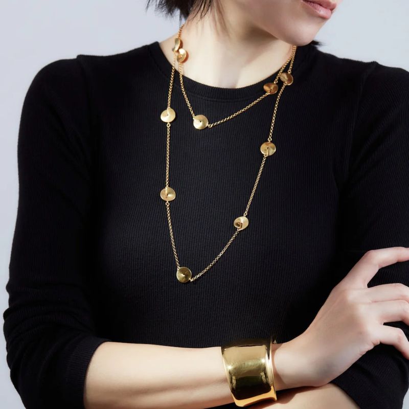 Women's Jewelry Elegant Multi-Disc Long Chain Necklace, Minimalist Layered Statement Piece, Gold-Toned Geometric Design For Everyday Wear_voghion.com