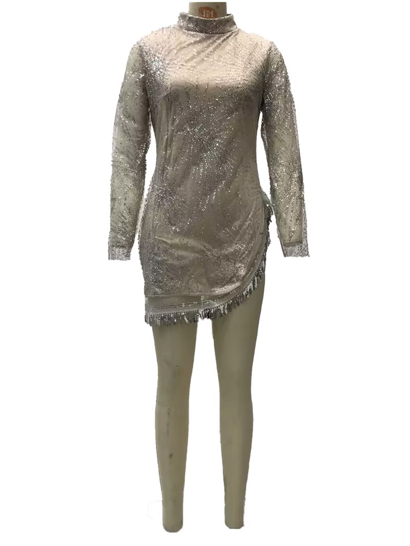 Abito da sera sexy a maniche lunghe con spacchi di nappe in oro e argento, da donna_voghion.com