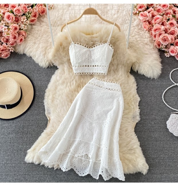Women's Backless Short Tube Top Camisole Top Two-piece Suit 1 Waist Ruffle Skirt_voghion.com